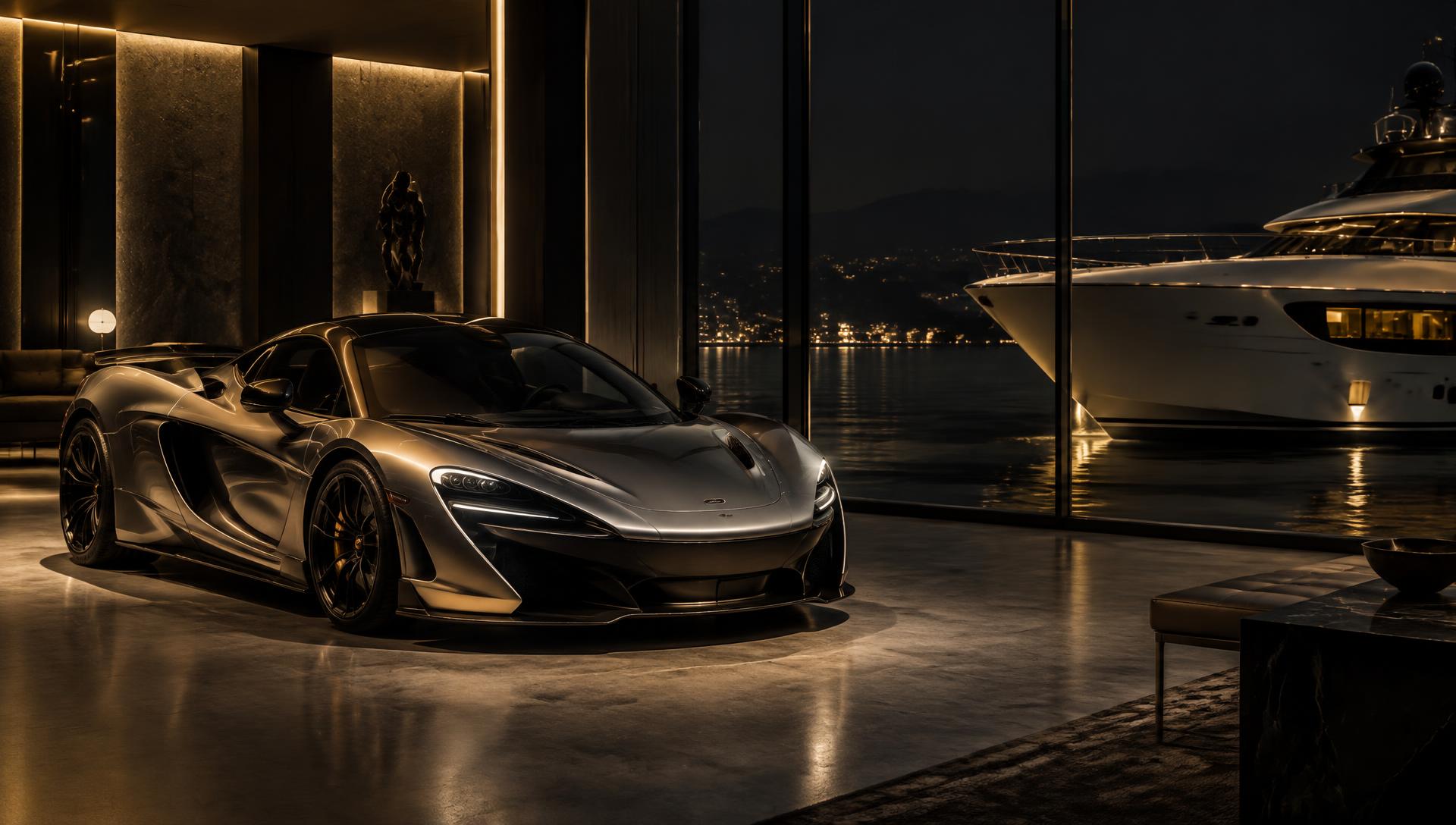 A silver supercar in a private showroom with a motor yacht moored beyond the glass